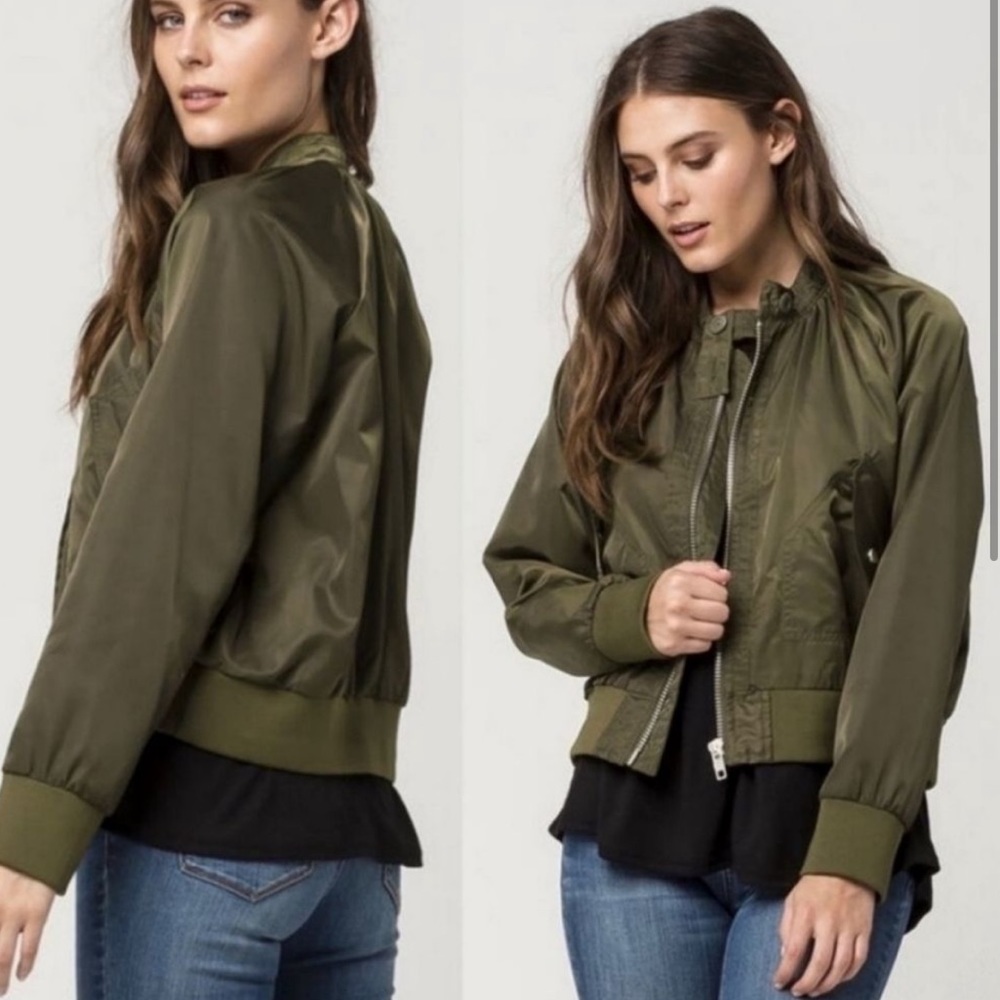 Free People Midnight Bomber Jacket Olive Green Small S Zip Up Front - Picture 4 of 8